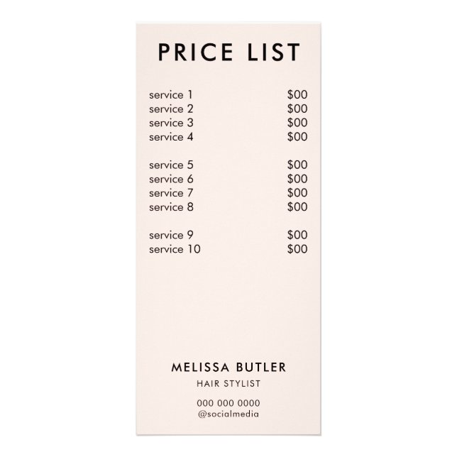 Minimalist Price List Blush Pink Rack Card (Front)