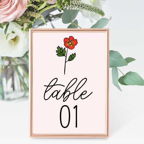 Minimalist Primrose Wedding Table Number