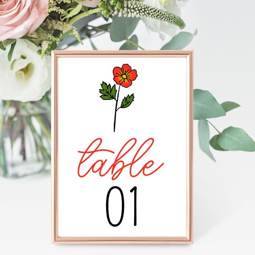 Minimalist Primrose Wedding Table Number