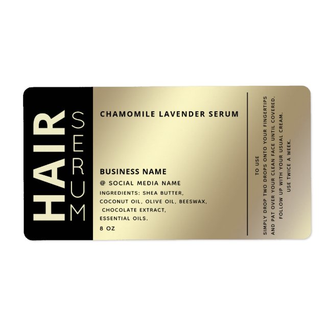 Minimalist professional black gold hair serum label (Front)