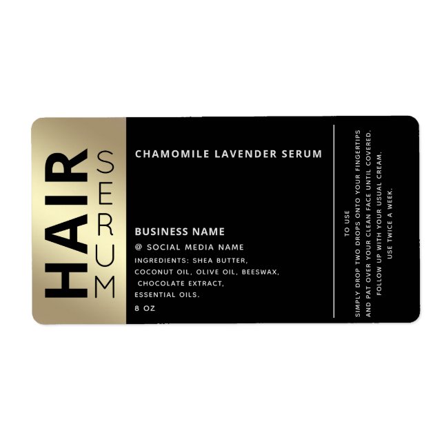 Minimalist professional black gold hair serum label (Front)