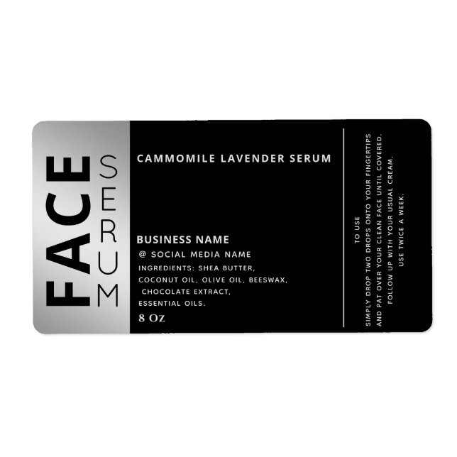 Minimalist professional black silver face serum label (Front)