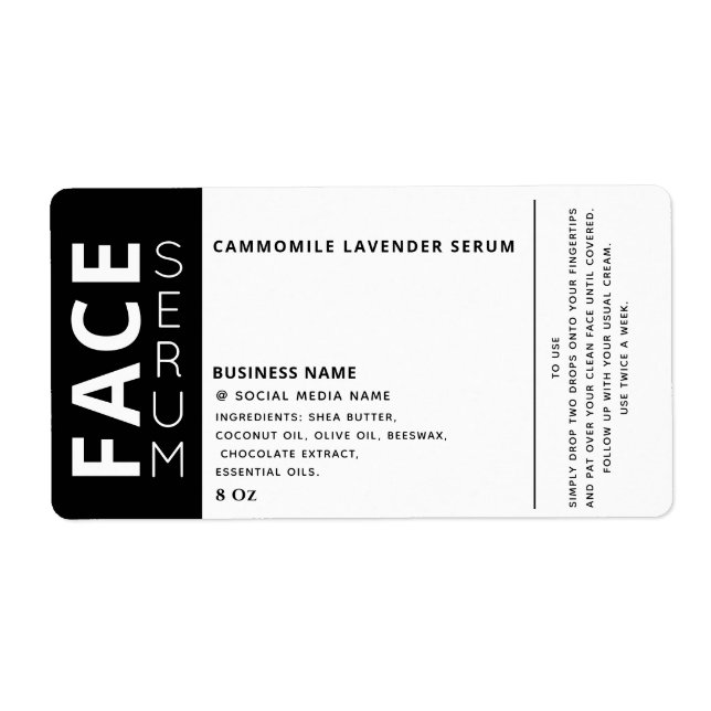 Minimalist professional black white face serum lab label (Front)