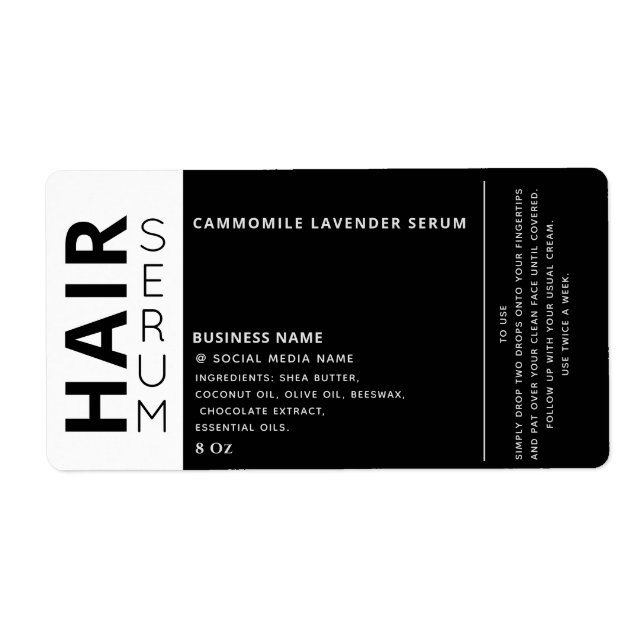 Minimalist professional black white hair serum  label (Front)