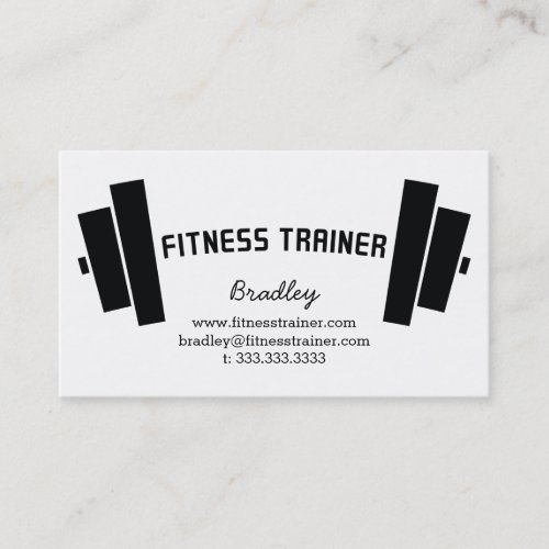 Minimalist Professional Fitness Trainer Business Card - Modern personal trainer business cards featuring a fresh white background that can be changed to any color, a curved barbell gym weight and your details.