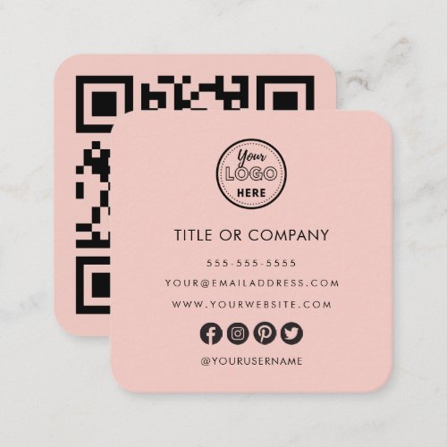 Minimalist Professional Logo Qr Code Blush Pink Square Business Card