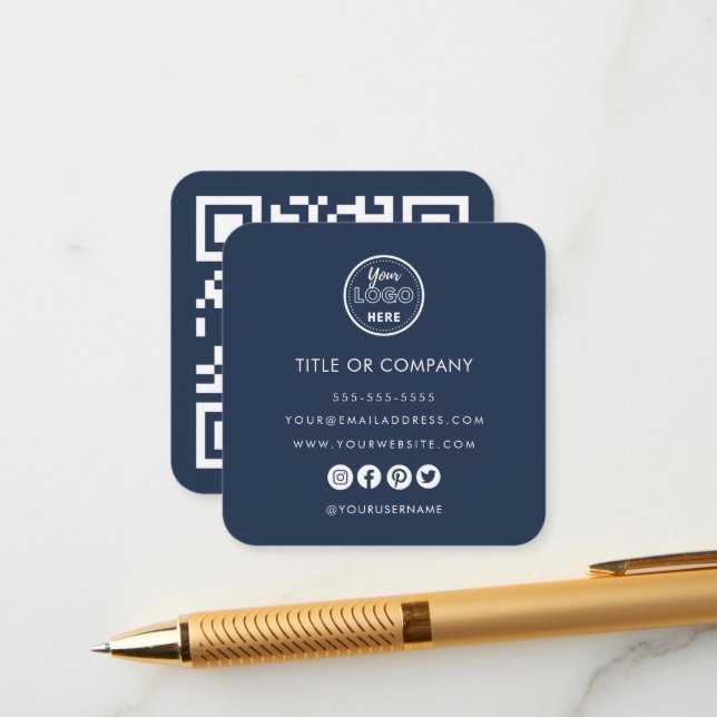 Minimalist Professional Logo Qr Code Navy Blue Enclosure Card (Front/Back In Situ)