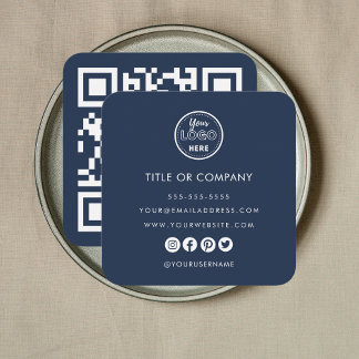 Minimalist Professional Logo Qr Code Navy Blue Square Business Card