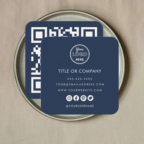 Minimalist Professional Logo Qr Code Navy Blue Square Business Card
