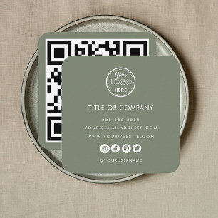 Minimalist Professional Logo Qr Code Sage Green Square Business Card