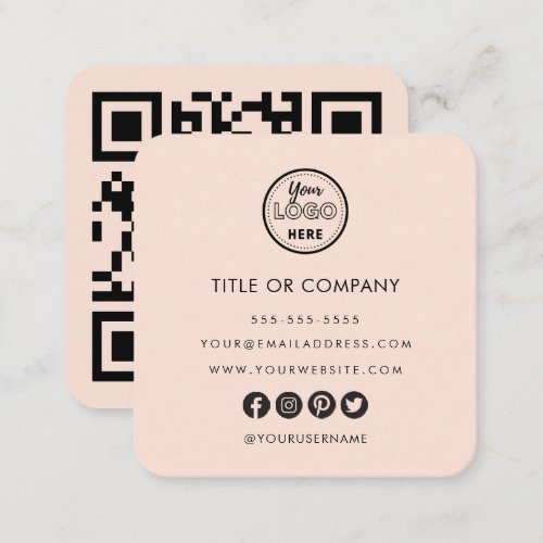 Minimalist Professional Logo Qr Code Soft Peach Square Business Card