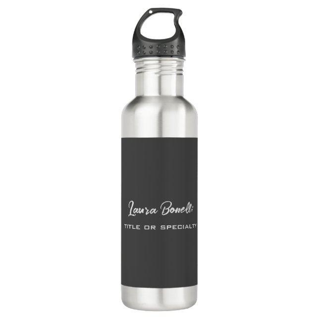 Minimalist Professional Modern Handwrite Dark Grey Stainless Steel Water Bottle (Front)