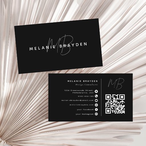 Customizable Minimalist Professional Monogram QR Code Black Business Card
