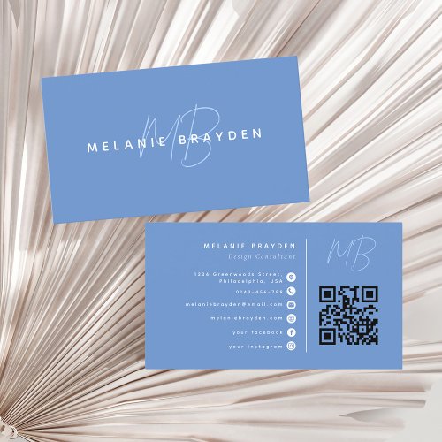Minimalist Professional Monogram QR Code Dust Blue Business Card