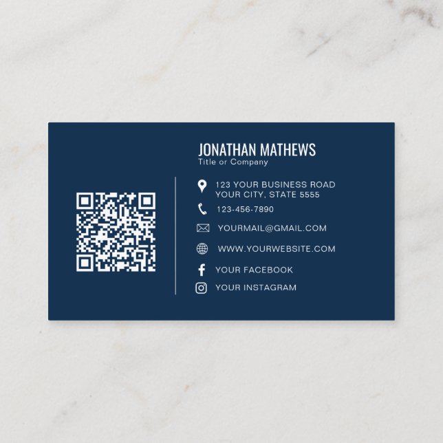 Minimalist Professional Navy Company Logo QR Code Business Card (Back)