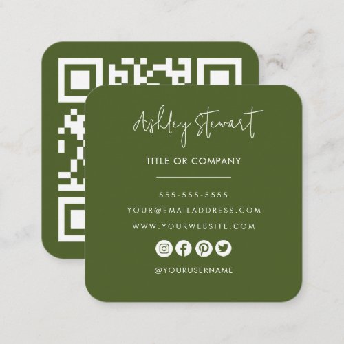Minimalist Professional Qr Code Modern Moss Green Square Business Card