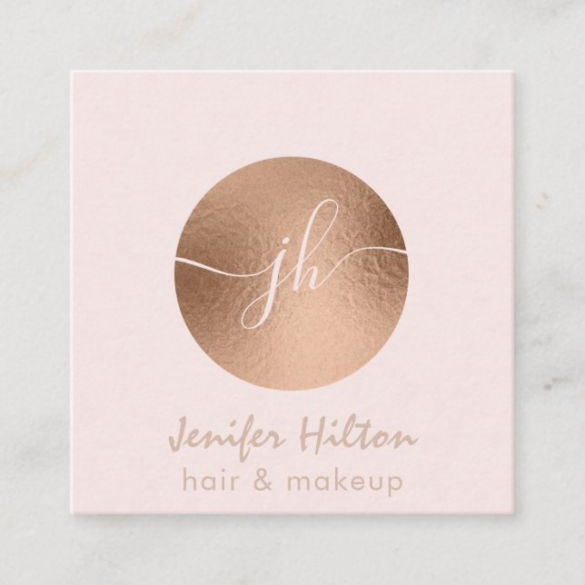 Minimalist professional  rose gold circle monogram square business card (Front)