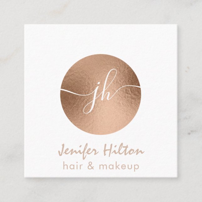 Minimalist professional  rose gold circle monogram square business card (Front)