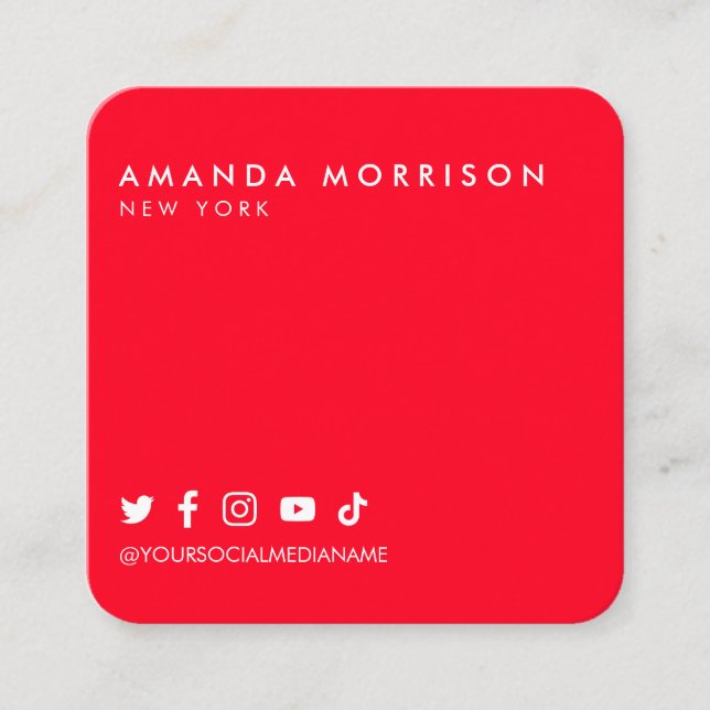 Minimalist Professional Social Media Red Square Business Card (Front)