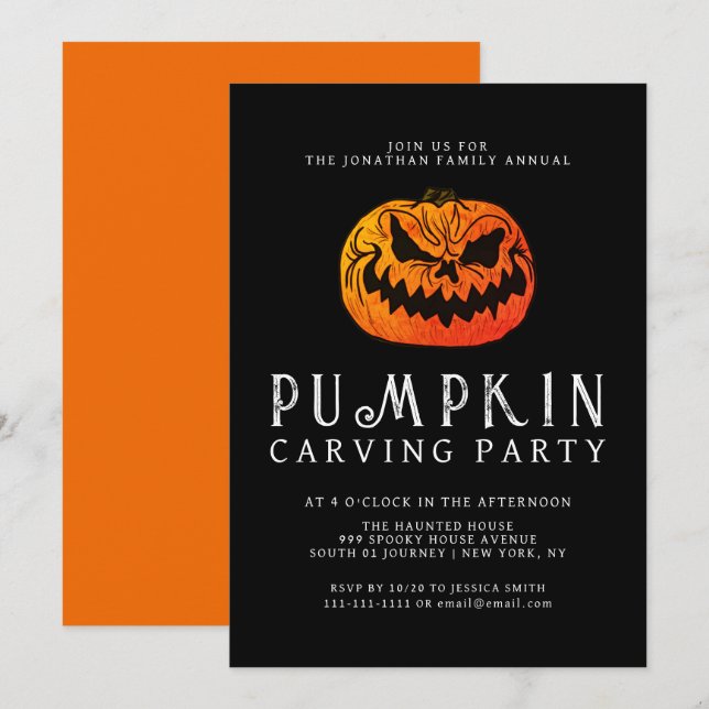 Minimalist Pumpkin Spooky Carving Party Halloween Invitation (Front/Back)