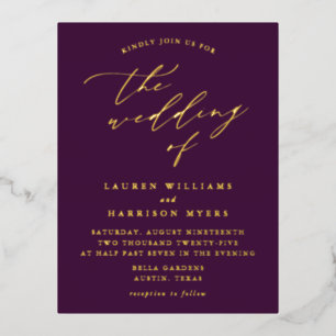 Minimalist Purple and Gold Calligraphy Wedding Foil Invitation Postcard