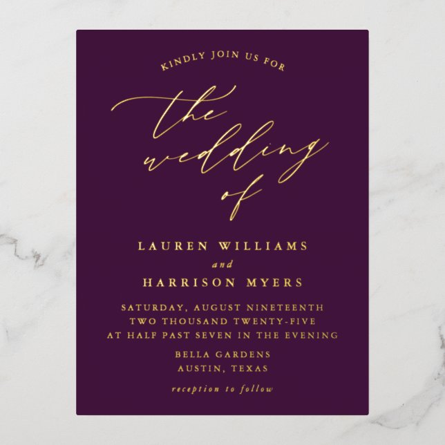 Minimalist Purple and Gold Calligraphy Wedding Foil Invitation Postcard (Front)