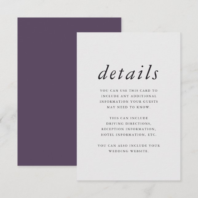 Minimalist Purple and Gray Wedding Details Enclosure Card (Front/Back)