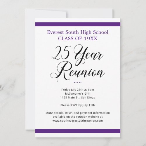 Minimalist Purple and White 25 Year Class Reunion Invitation