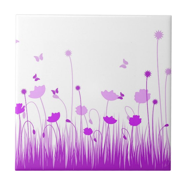 Minimalist Purple and White Poppies Meadow Floral Ceramic Tile (Front)