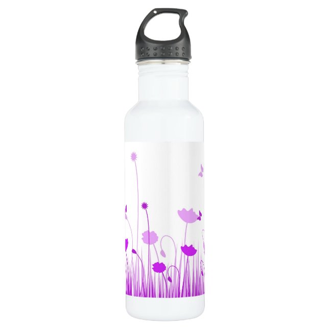 Minimalist Purple and White Poppies Meadow Floral Water Bottle (Front)