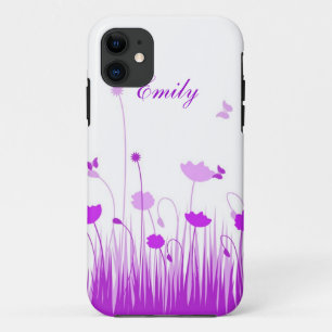 Minimalist Purple and White Poppies Meadow Name iPhone 11 Case