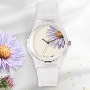 Minimalist Purple Aster Floral Custom Name Modern Watch