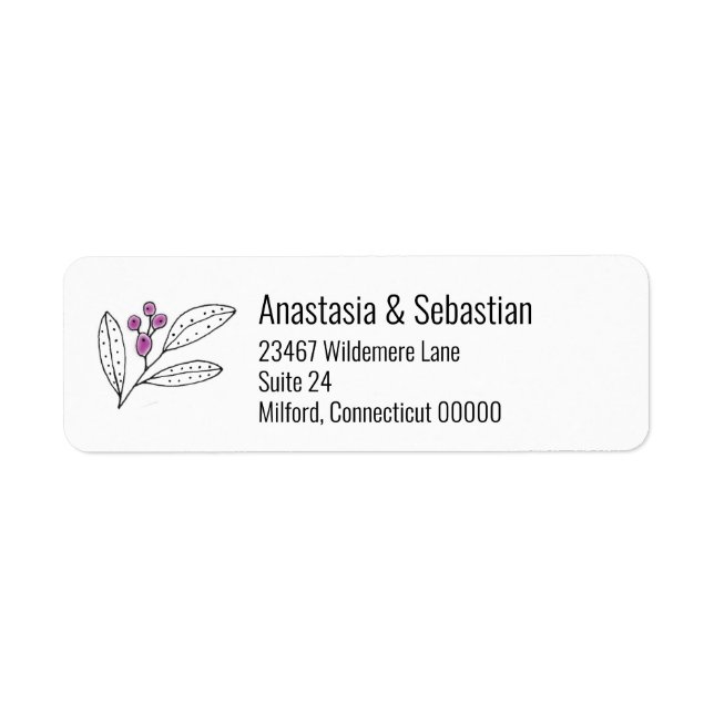 Minimalist Purple Berries Leaves Mail Label (Front)