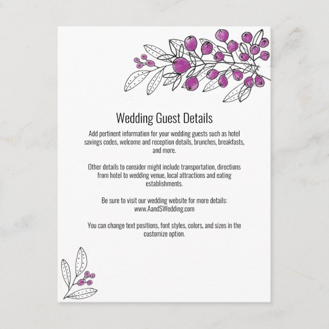 Minimalist Purple Berry Leaf Wedding Guest Details Enclosure Card (Front)