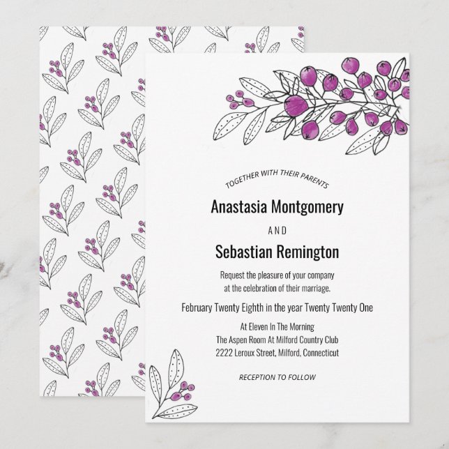Minimalist Purple Berry Leaf Wedding Invitation (Front/Back)