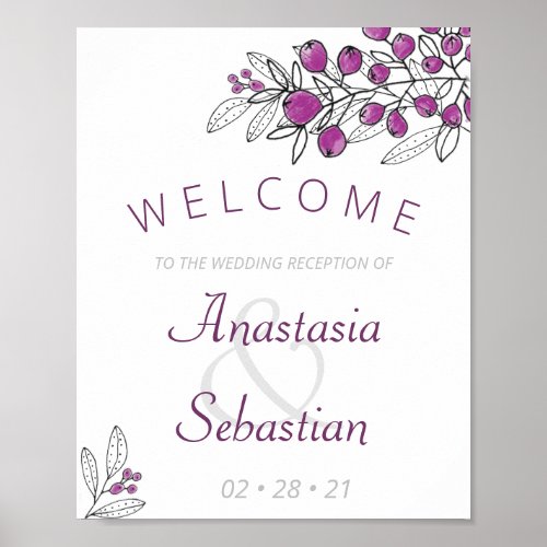 Minimalist Purple Berry Wedding Reception Welcome Poster