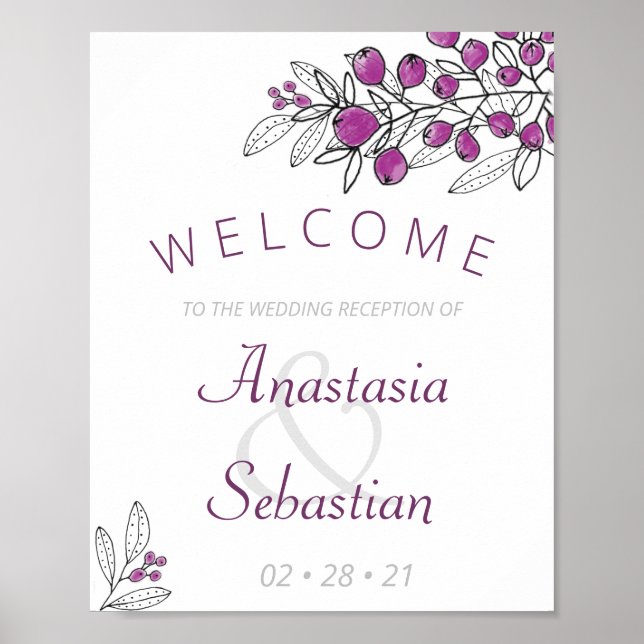 Minimalist Purple Berry Wedding Reception Welcome Poster (Front)