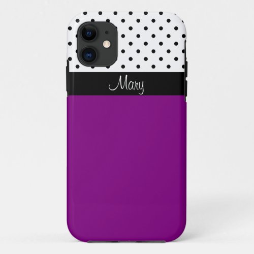 Minimalist Purple Black Dots On White Custom Name iPhone 11 Case