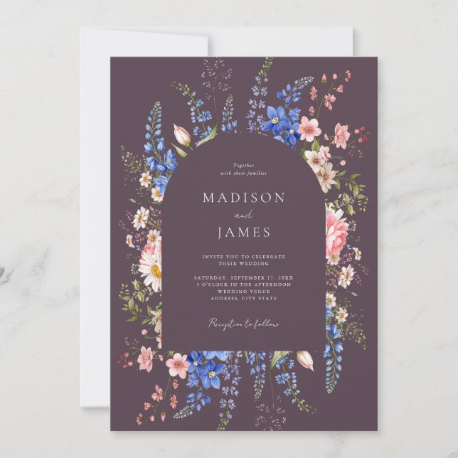 Minimalist Purple Boho Wildflower Wedding Invitation (Front)