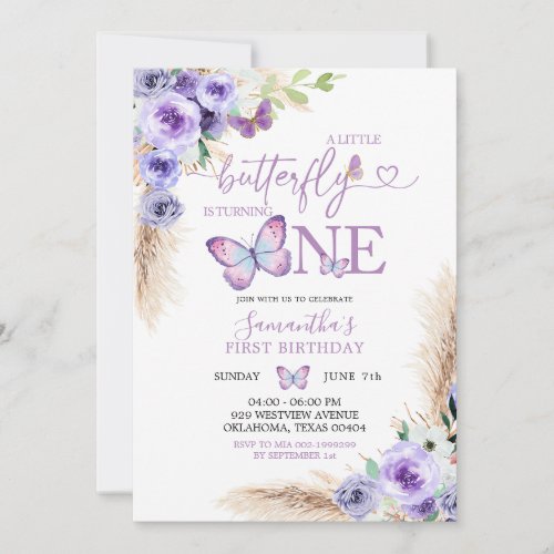 Minimalist Purple Butterfly First Birthday Invitation