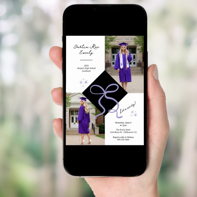 Minimalist Purple Cap and Bow Graduation Photo Invitation (Front Digital)