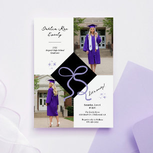 Minimalist Purple Cap and Bow Graduation Photo Invitation