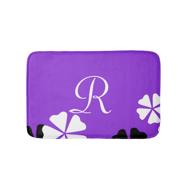 Minimalist Purple Floral Monogrammed Plush Bath Mat (Front)