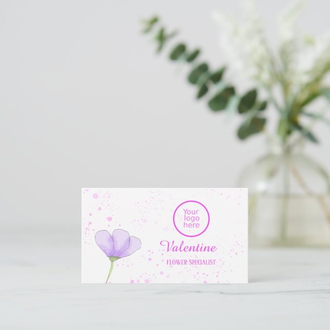 Minimalist Purple Flower Pink Splash Florist Business Card (Standing Front)