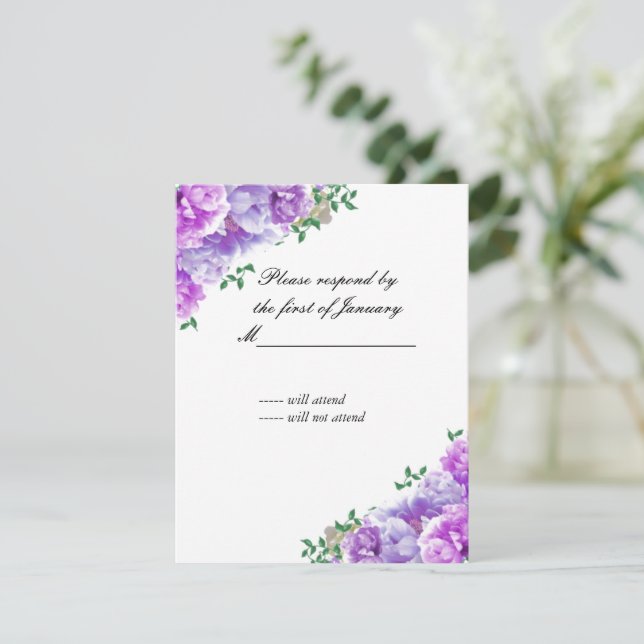Minimalist Purple Flowers Reply Card (Standing Front)