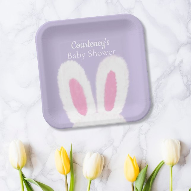 Minimalist Purple fluffy bunny baby shower Paper Plates (Creator Uploaded)