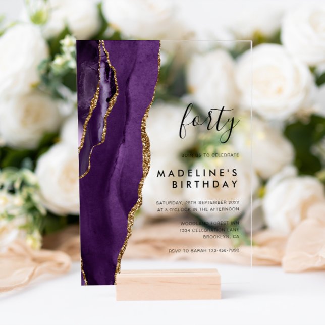 Minimalist Purple Gold Agate Geode 40th Birthday Acrylic Invitations (Creator Uploaded)