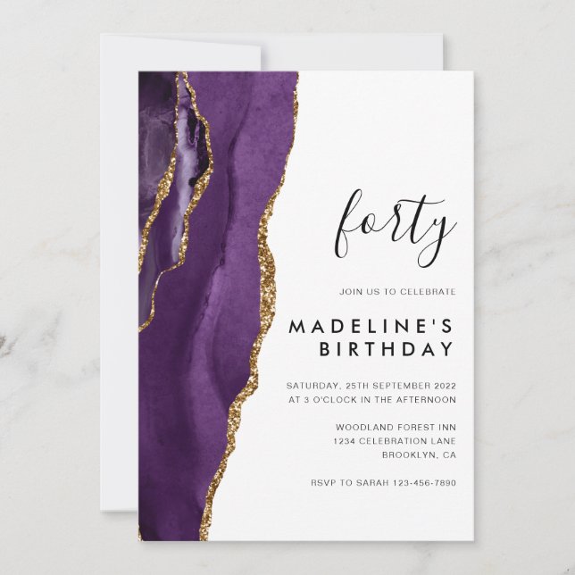Minimalist Purple Gold Agate Geode 40th Birthday Invitation (Front)