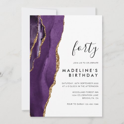 Minimalist Purple Gold Agate Geode 40th Birthday Invitation