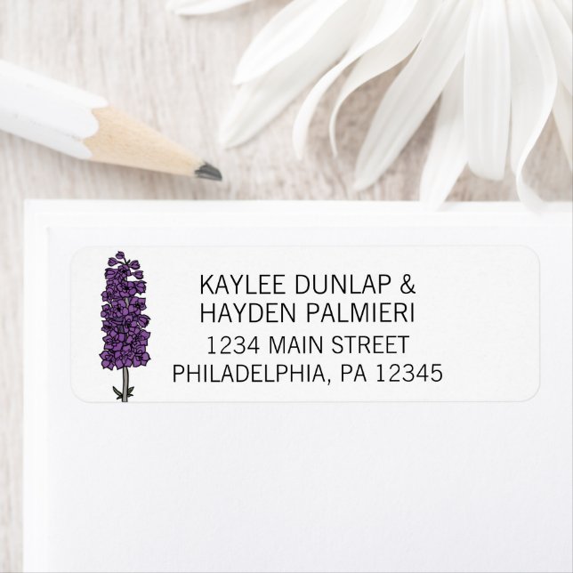 Minimalist Purple Larkspur Wedding Address Label (Insitu)